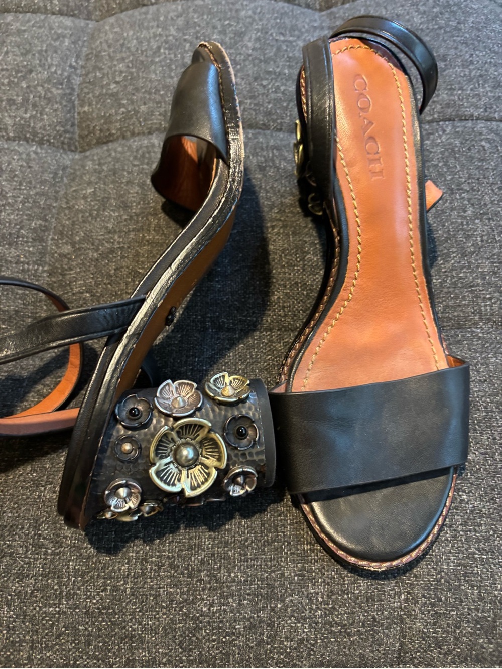 Coach Black Leather Slide Sandals with Embellished Floral Block Heels